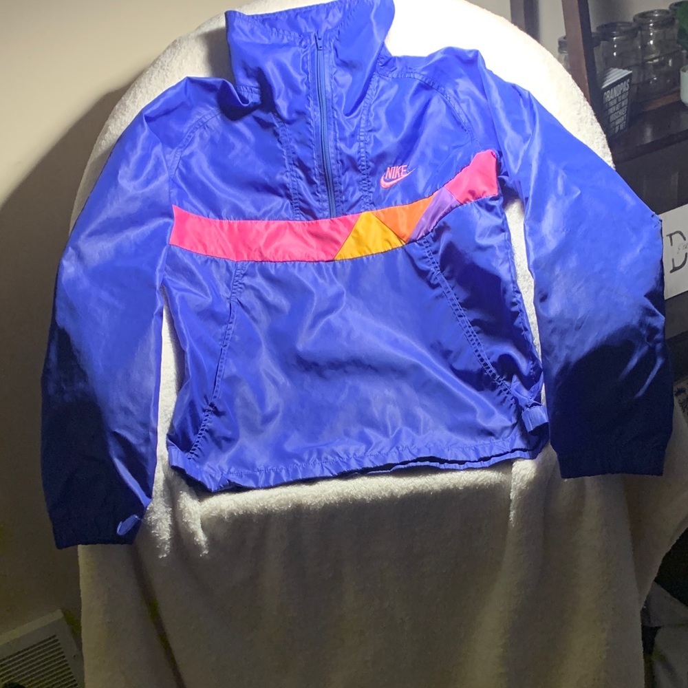 Nike Kids Vibrant Blue Raincoat with Pink and Yellow Stripes